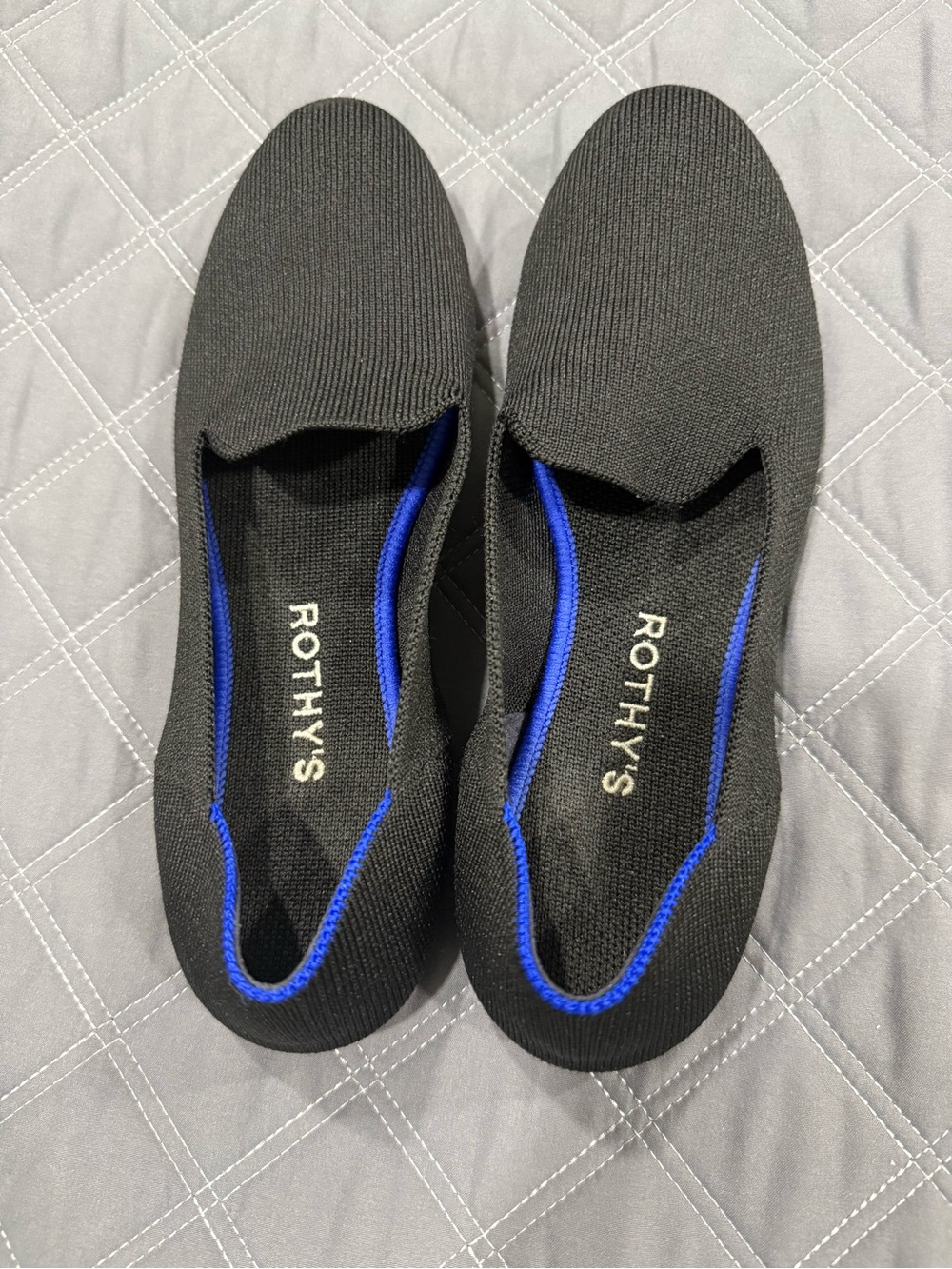 Rothy's Black Slip-On Loafers with Blue Trim